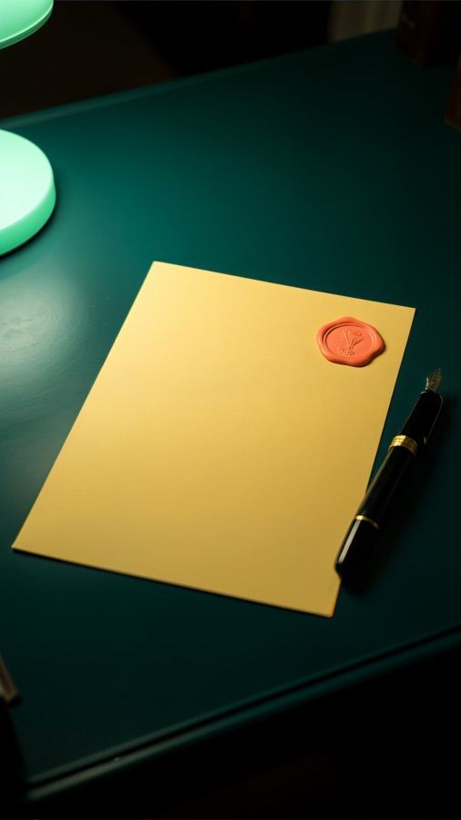 A butter-yellow owner letter on a dark desk